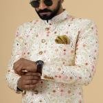 Alluring Beige Floral Thread Embroidered Sherwani for Men | Father Son Combo | Perfect Groom Wear